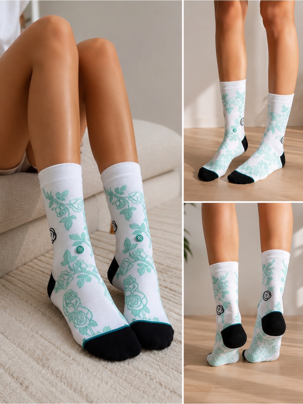 Stance Floral Crew Socks White & Mint Rose Print NWOT